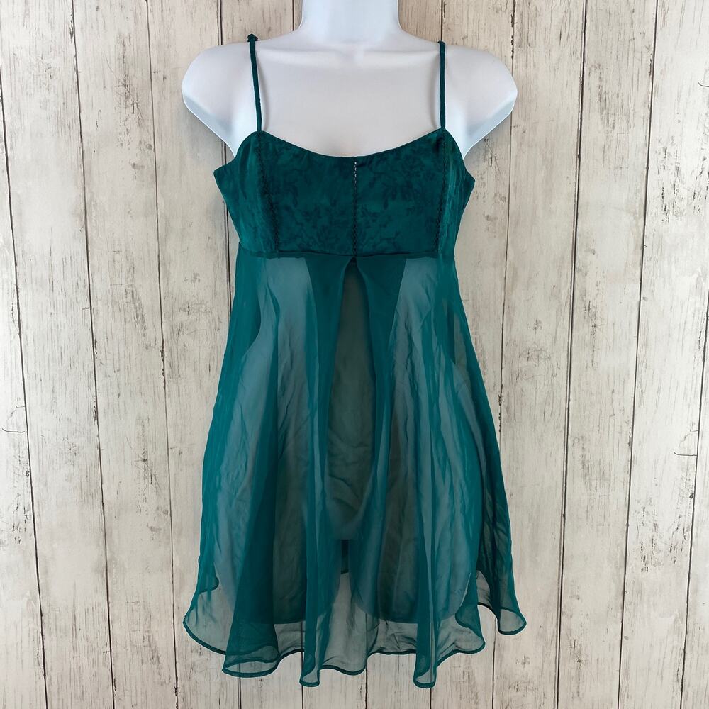 VTG Victoria's Secret Teal Satin Chiffon Chemise Babydoll Nightgown Size X-Small